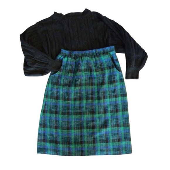 VTG Green Blue Plaid High Rise Pull On Wool Blend Midi Skirt Size 14 (*Large) - Picture 8 of 15